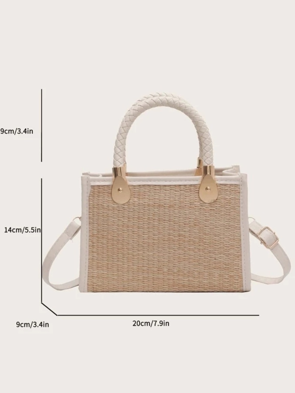 Mini Straw Bag Braided Detail Contrast Binding Zipper Cream & White - Picture 2 of 7